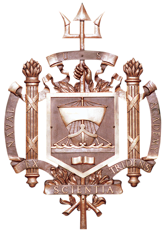 Line drawing of the coat of arms, or seal, of the United States Naval Academy. The motto reads "Ex scientia tridens" - "From knowledge, seapower."    