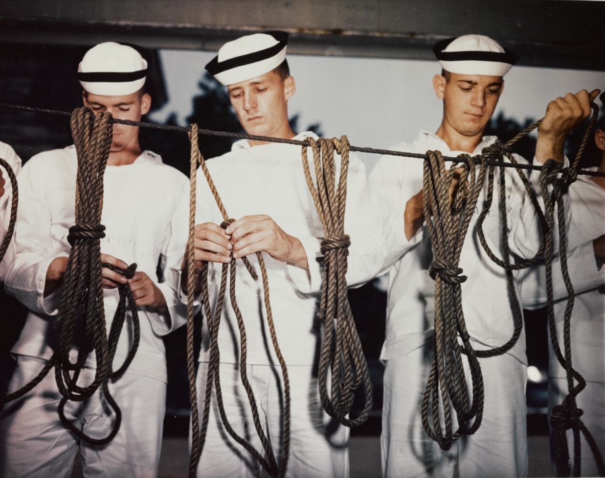 U.S. Naval Academy, Annapolis, Maryland. Midshipmen working with ropes, circa 1945