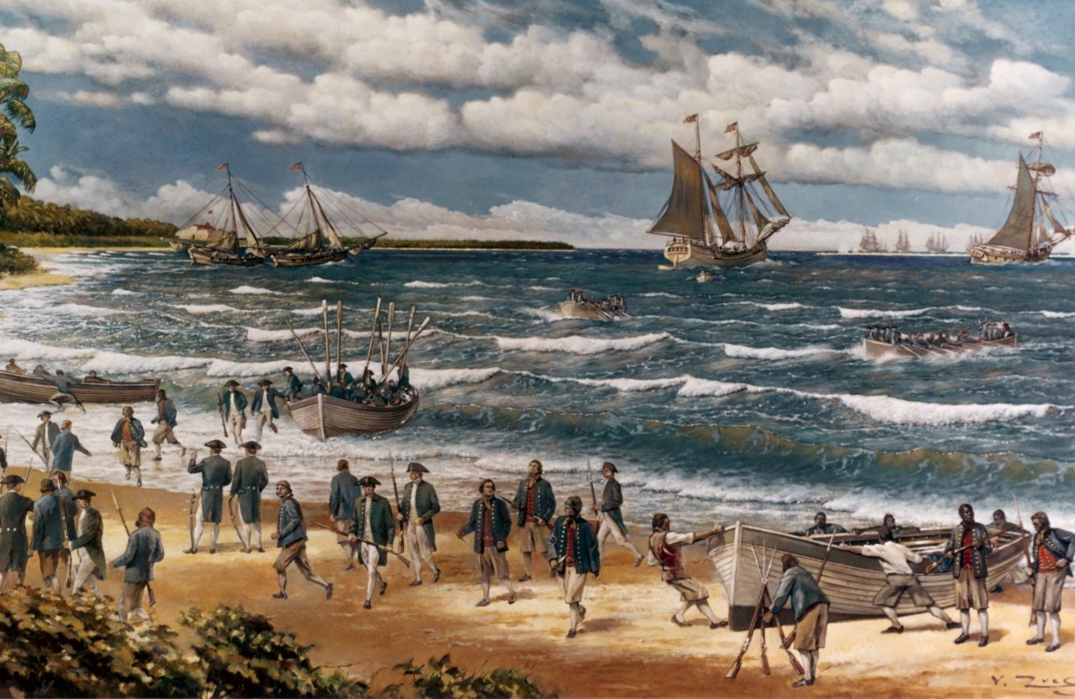 Oil painting on canvas by V. Zveg, 1973, depicting Continental Sailors and Marines landing on New Providence Island, Bahamas, on 3 March 1776. 