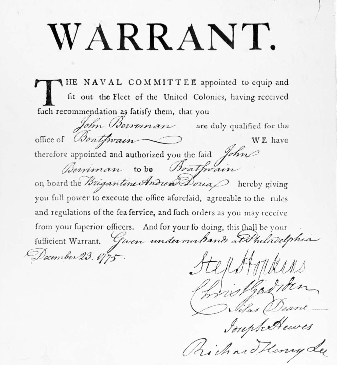 Continental Navy Warrant, 1775
