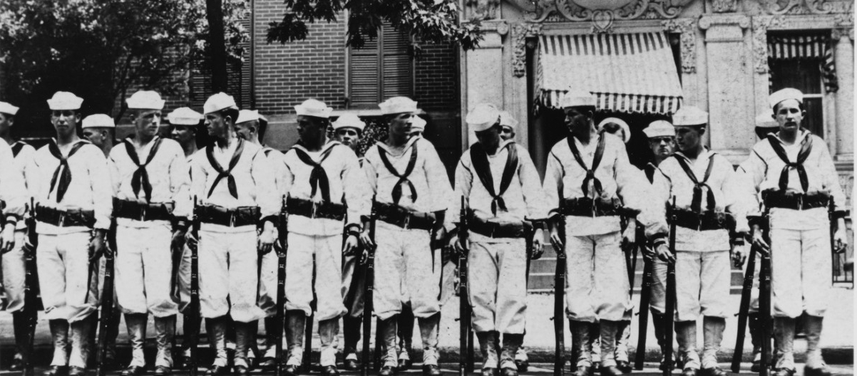 Sailors in formation, with rifles and cartridge belts, circa the "teens"