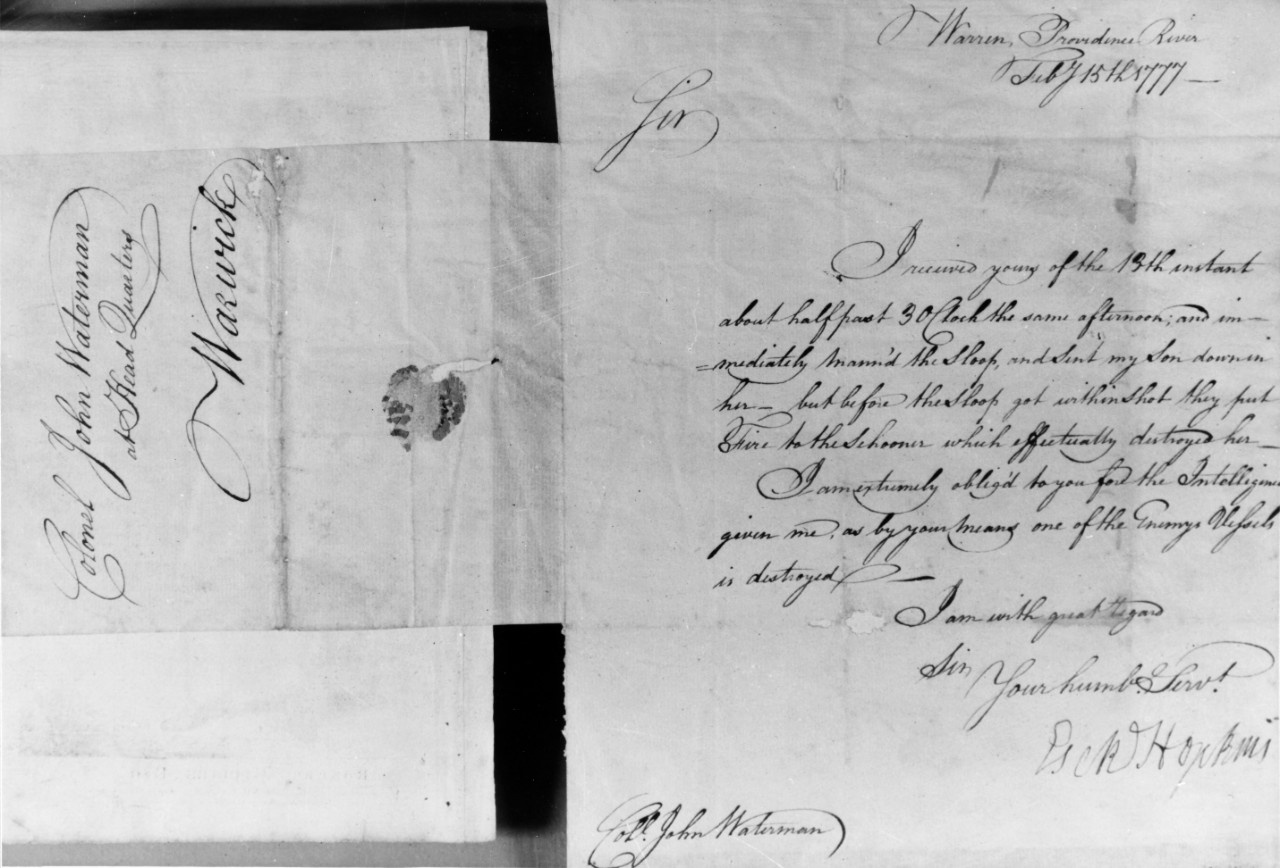 Photo #: NH 43297 Letter from Commodore Esek Hopkins to Colonel John Waterman, 15 February 1777