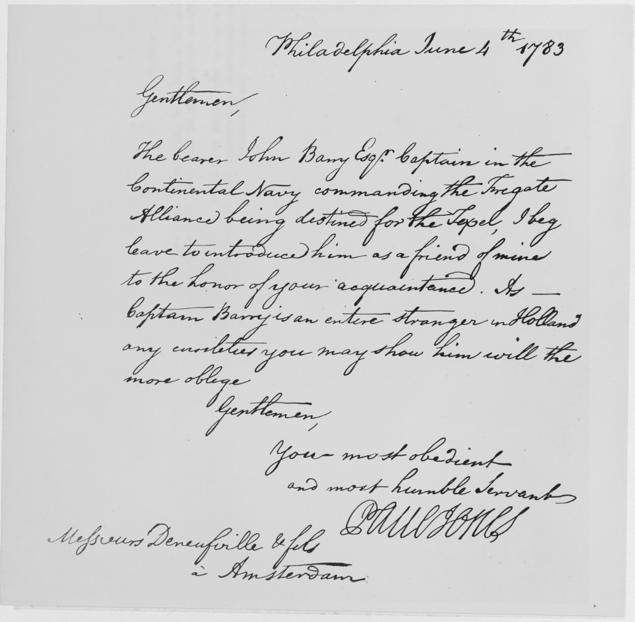 Photo #: NH 48629  Letter from John Paul Jones, 4 June 1783