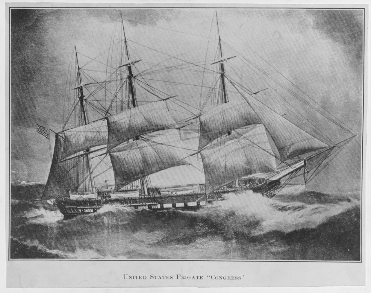 USS Congress (1842-1862). Nineteenth-century photograph of a painting by Vandenburg, depicting the frigate under sail in heavy seas. U.S. Naval History and Heritage Command Photograph. (NH 590