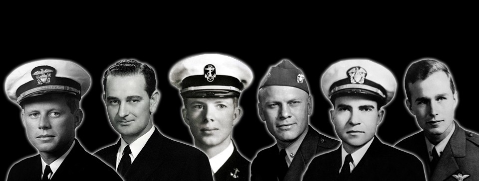 Portraits of the six U.S. Presidents who served in the Navy (Johnson, Kennedy, Nixon, Ford, Carter, George H. W. Bush)