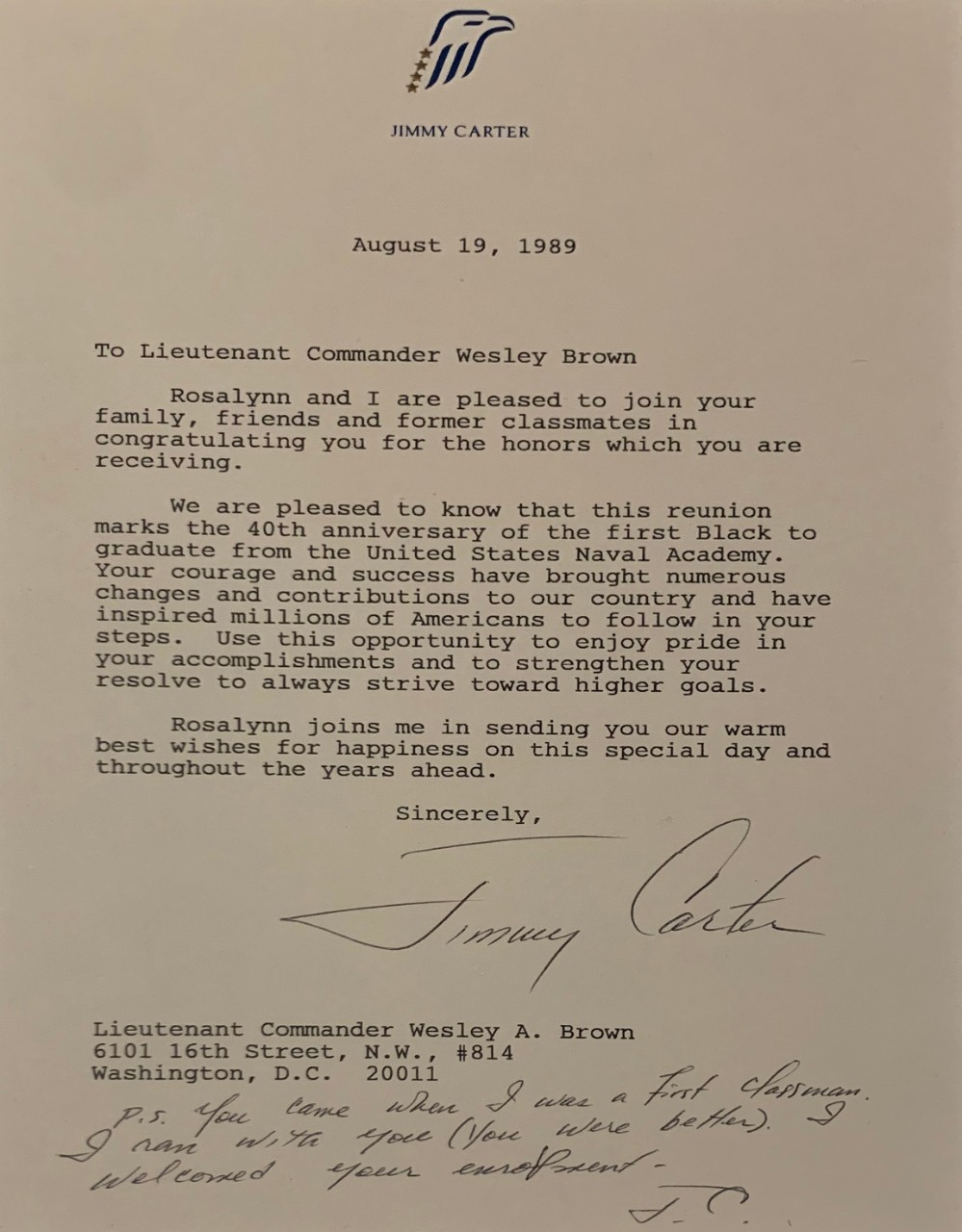 <p>Letter from former president Jimmy Carter to LCDR Wesley Brown, 19 August 1989</p>