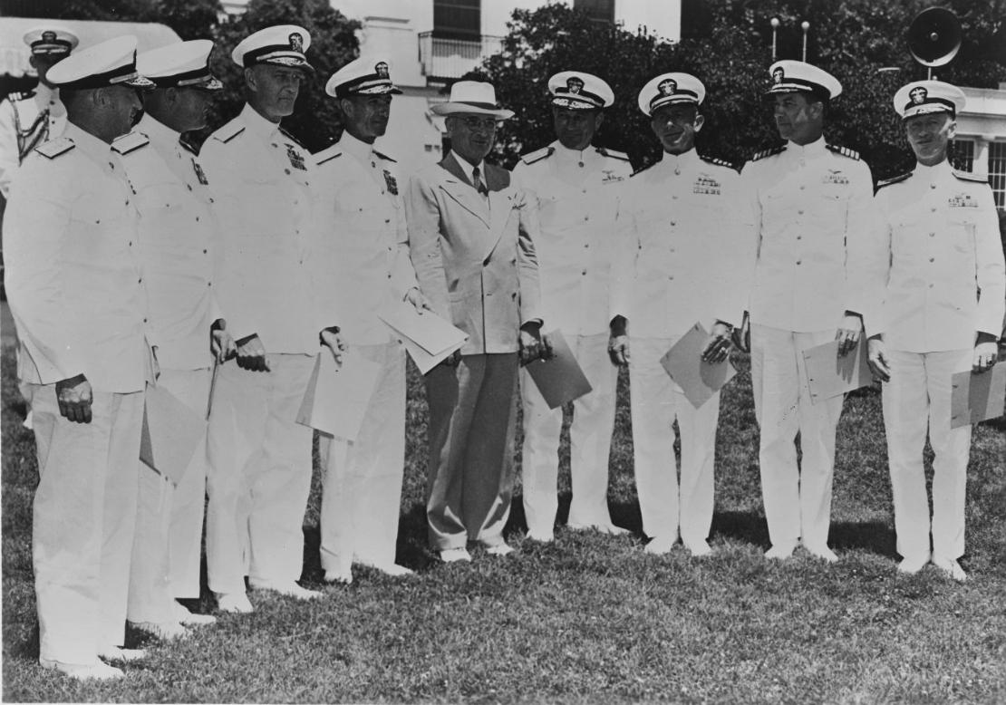 President Harry S. Truman with naval officers of Task Forces 58 and 38