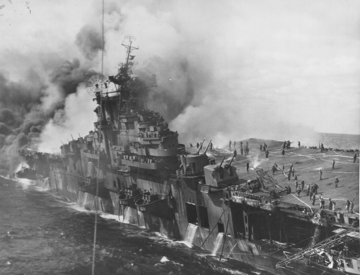 USS Franklin (CV-13) on fire and listing 
