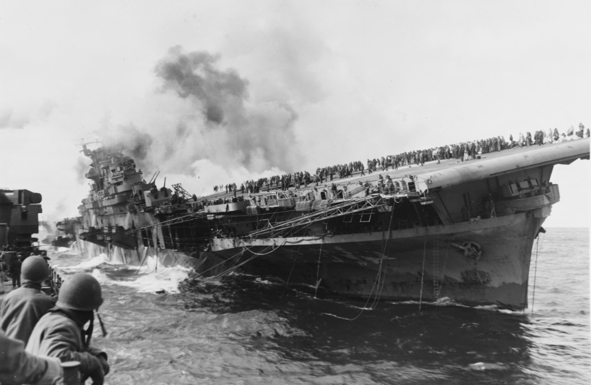 USS Franklin (CV-13) on fire and listing