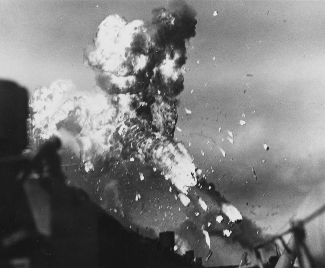 USS Intrepid (CV-11) after a Japanese kamikaze strike 