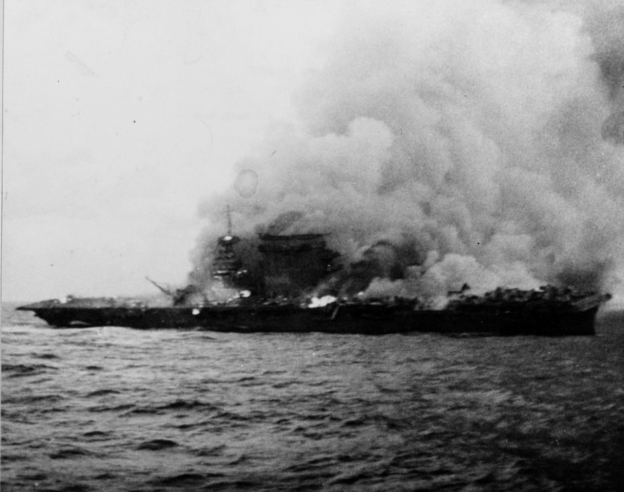 USS Lexington (CV-2) burning and sinking