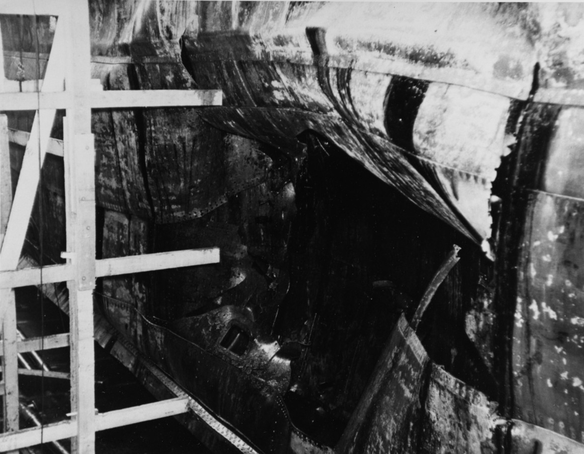 View showing damage on the port side of USS Saratoga (CV-3)