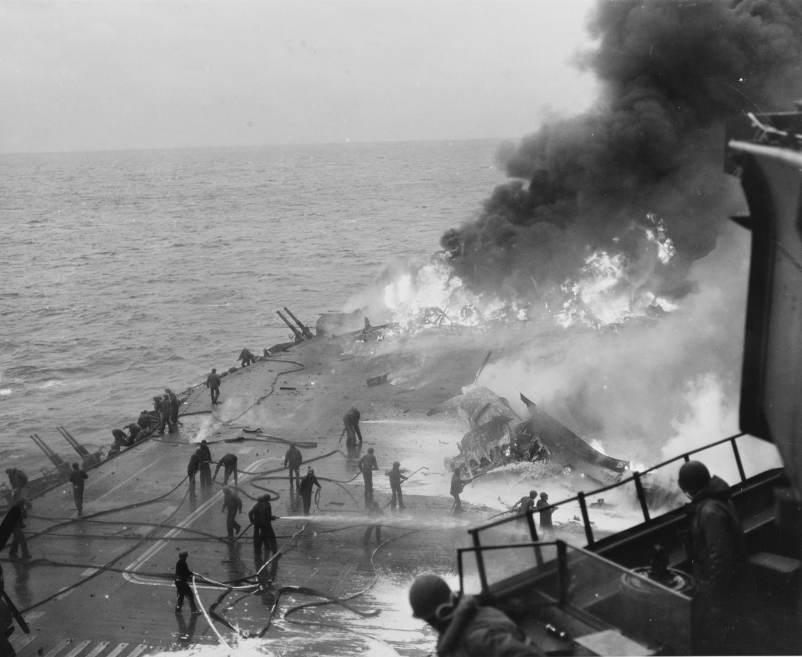 Fires burning on foreword part of USS Saratoga’s (CV-3) flight deck