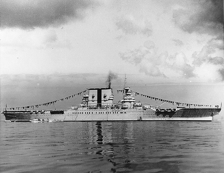 USS Saratoga (CV-3) dressed with flags on Navy Day