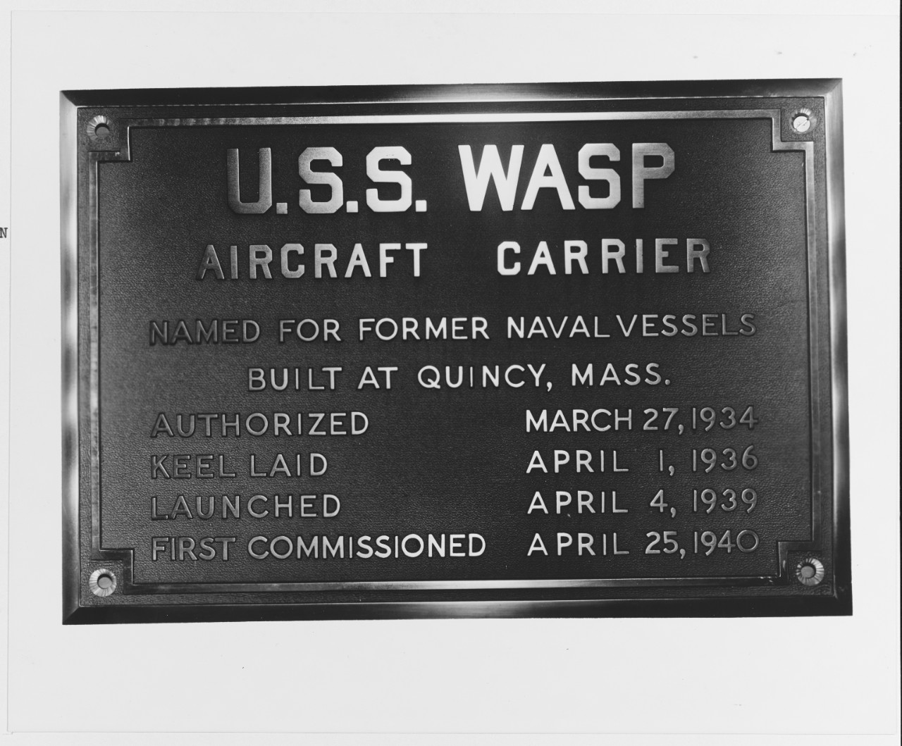 Ship's data plaque, photographed in September 1940. 