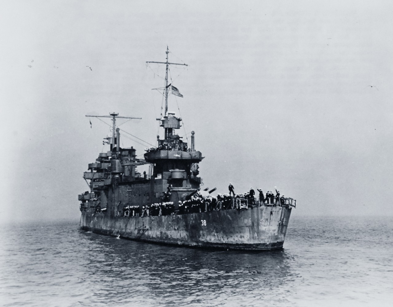 80-G-40250:   USS San Francisco (CA 38) shown after her fight against the Japanese in the epic sea battle, Naval Battle of Guadalcanal, November 12-15, 1942.  She arrived in her namesake city for repairs on December 12, 1942.  She was en route to the Mare Island Navy Yard.  Official U.S. Navy Photograph, now in the collections of the National Archives.   (2015/10/20).