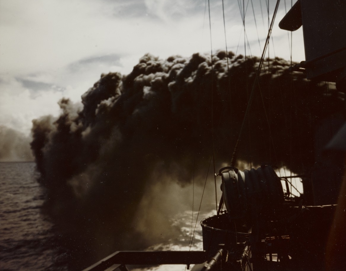 USS O’Bannon (DD-450) laying a smoke screen