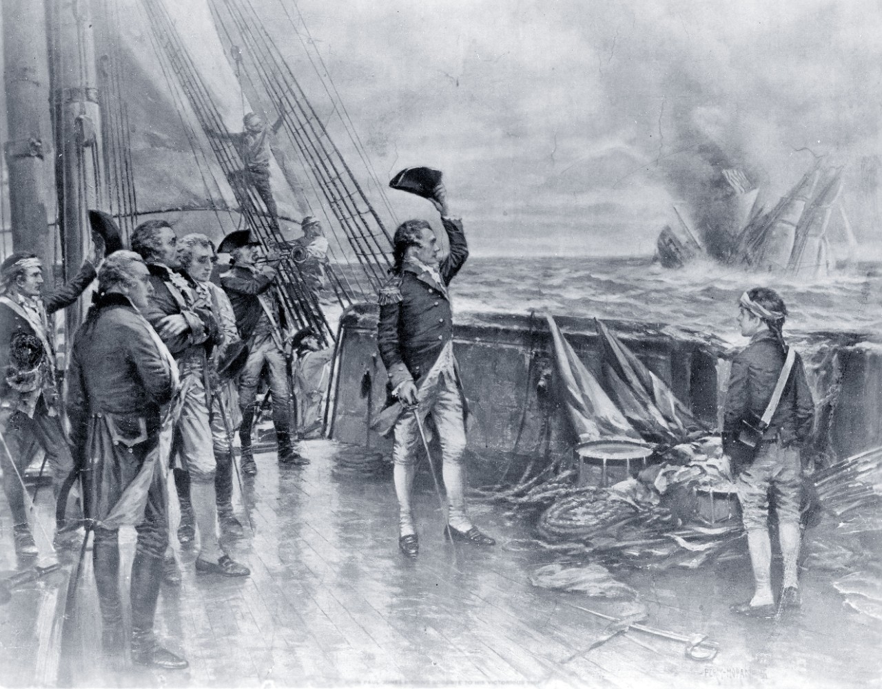 <p>NH 48784: Continental Navy frigate Bonhomme Richard vs. HMS Serapis, September 23, 1779.</p>
