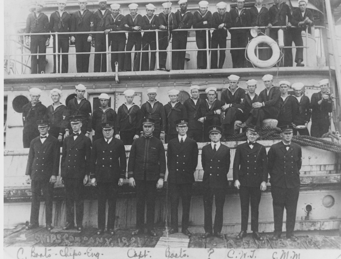 black and white photo of crew of USS Conestoga