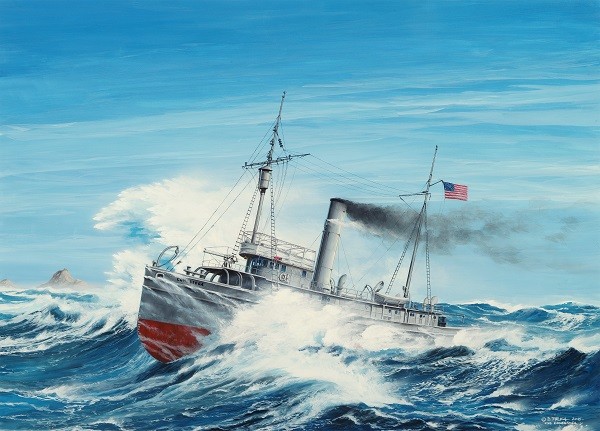 Painting of USS Conestoga (AT-54)battling the gale that ultimately claimed her  
