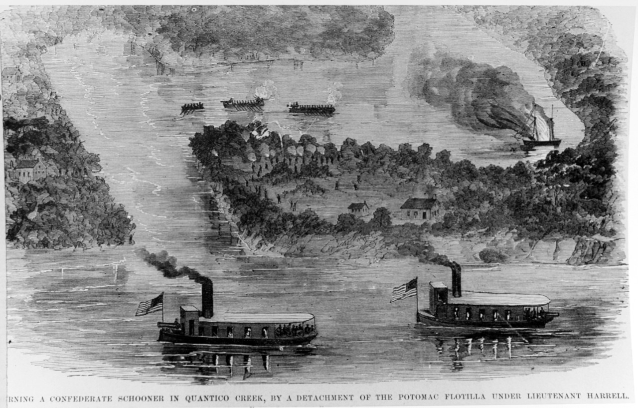 Photo #: NH 59244 "Burning a Confederate Schooner in Quantico Creek, by a Detachment of the Potomac Flotilla under Lieutenant Harrell."