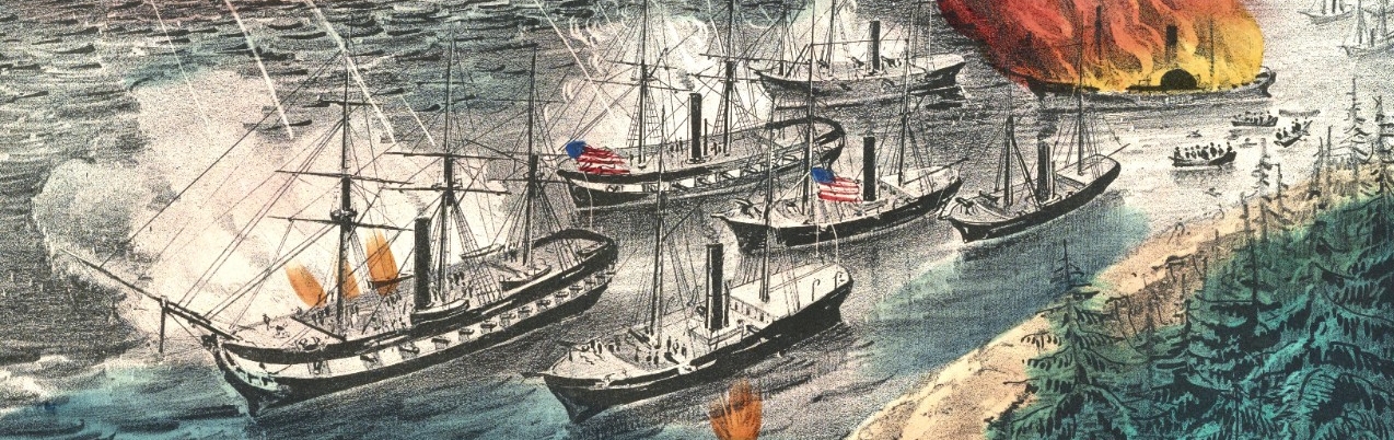 Color lithograph of  ships depicted on a river.