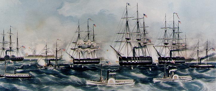Lithograph of ships at sea with larger sailing ships in the background and smaller steam vessels in the foreground