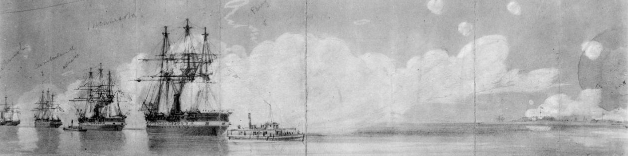 Pencil drawing of three ships and one small steamer firing in a line