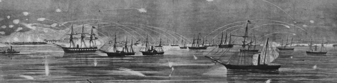 Engraving depicting ships at sea firing upon a distant fort on shore