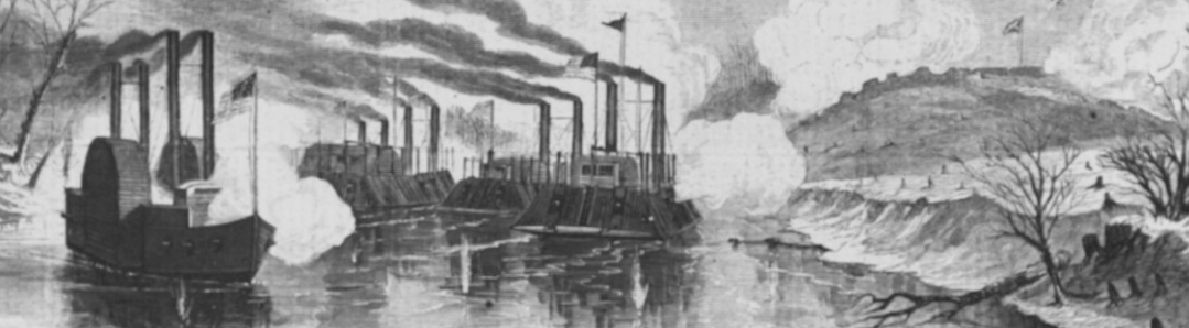 Three steam-powered ships are depicted in foreground firing upon a fort atop a hill in the background.