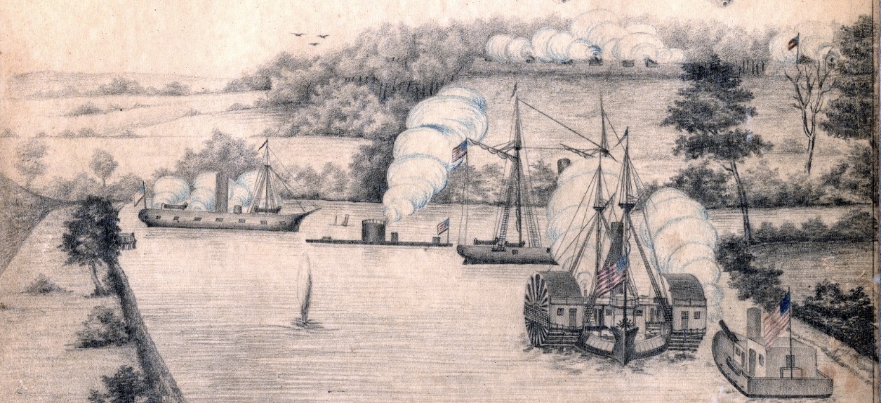 Pencil landscape sketch of a river filled with ships with visible smoke.