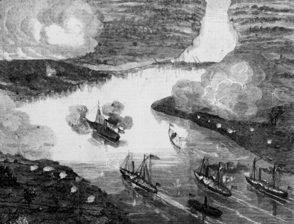 Photo #: NH 59336 "View of the Attack on Fort Darling, in the James River, by Commander Rogers's Gun-Boat Flotilla, 'Galena', 'Monitor', etc."