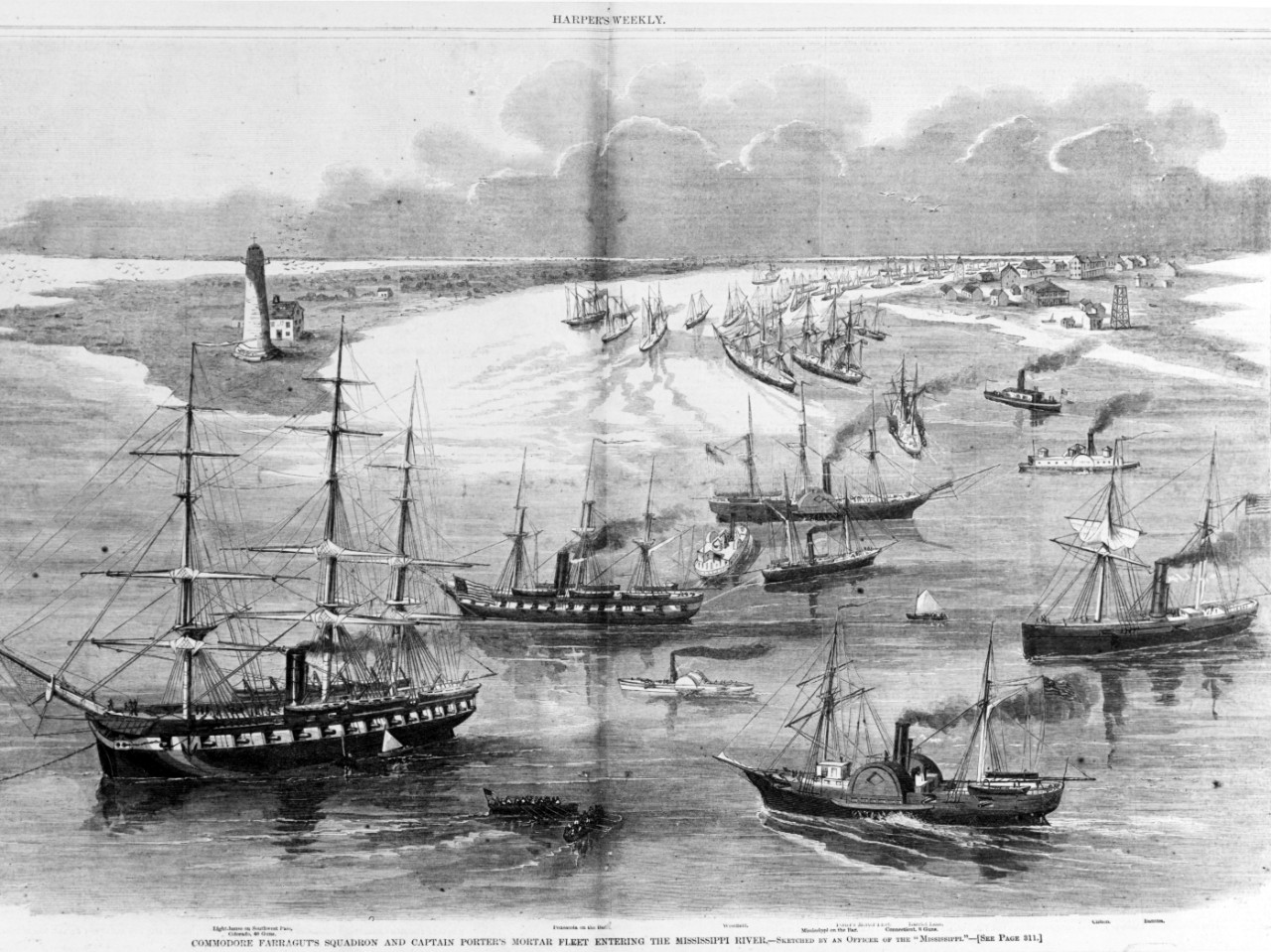 Photo #: NH 59059 "Commodore Farragut's Squadron and Captain Porter's Mortar Fleet entering the Mississippi River"