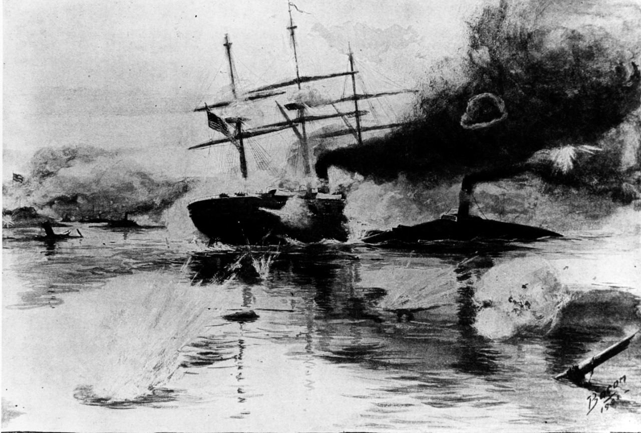 A ironclad vessel rams a three-masted ship.