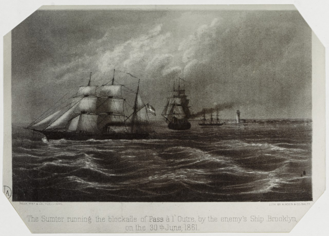 A ship with masts is shown in the foreground with another ship with masts in the background. In the distance, a lighthouse marks the coastline.