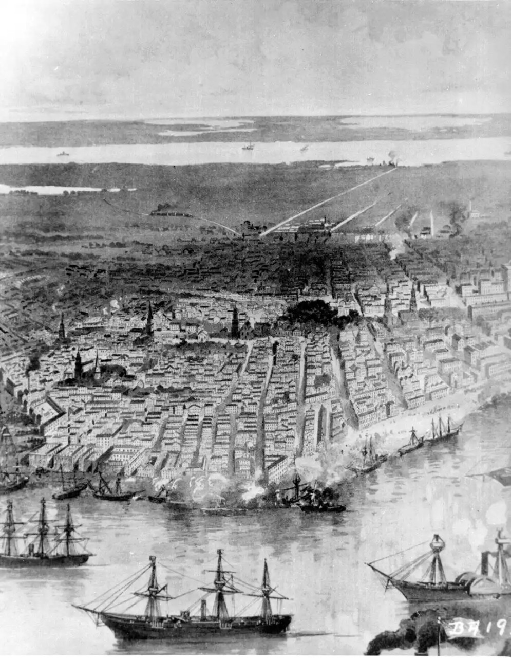 A fleet of ships arrayed in a harbor with a city visible in the background.