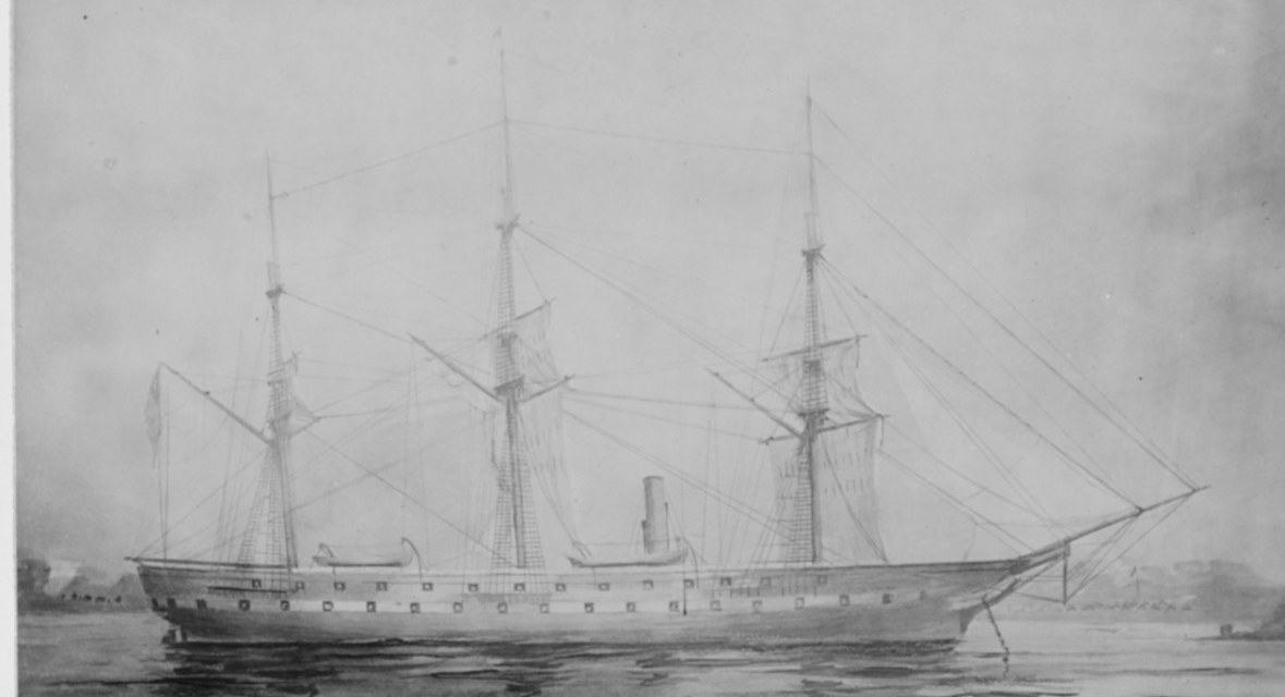 Wash drawing of ship with masts afloat.