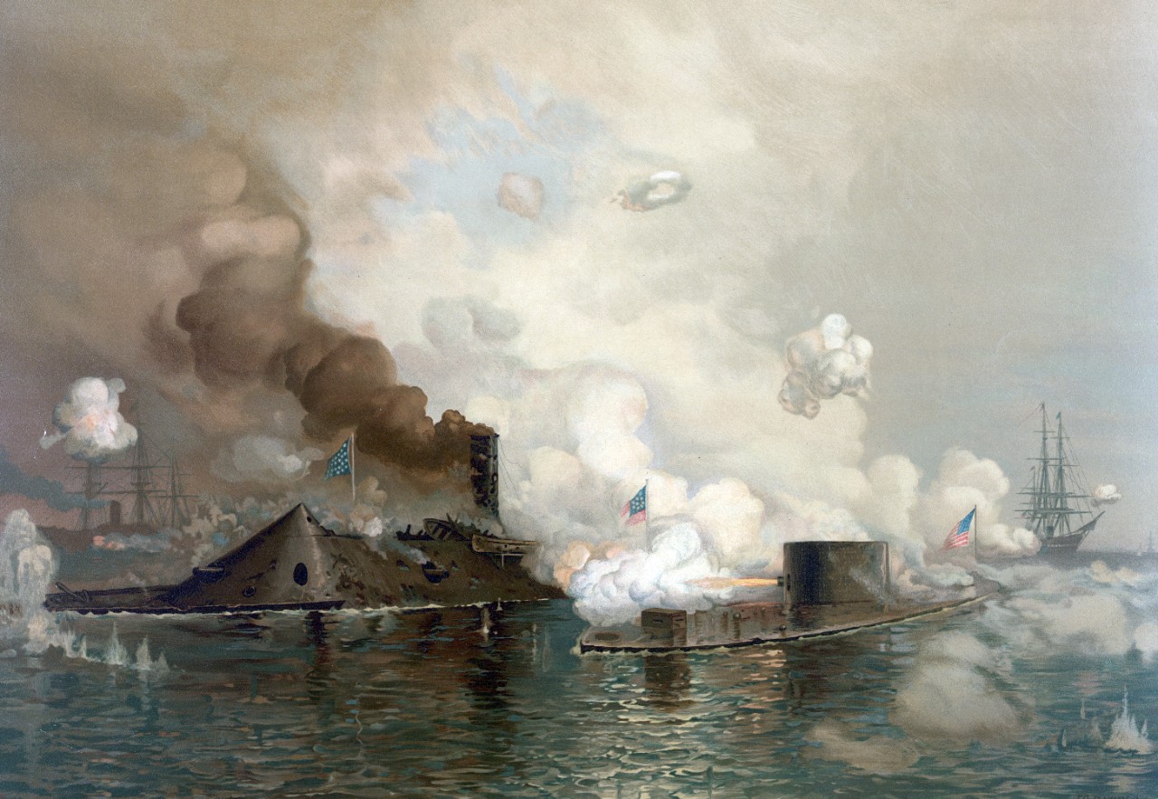Painting of two vessels afloat with smoke. Another ship visible in the background.