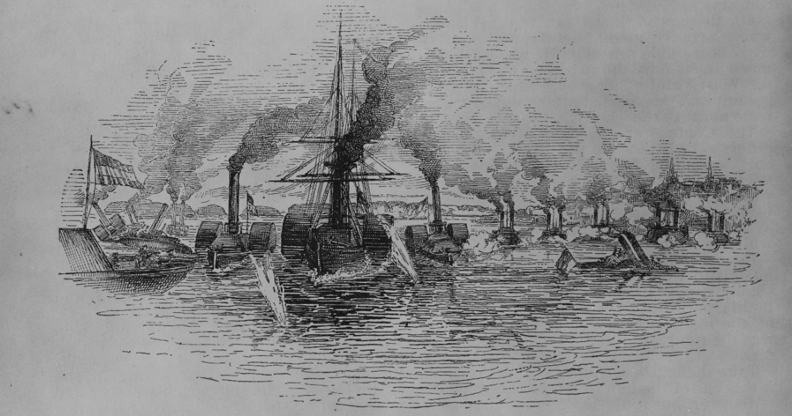 Engraving of vessels engaged in naval battle.