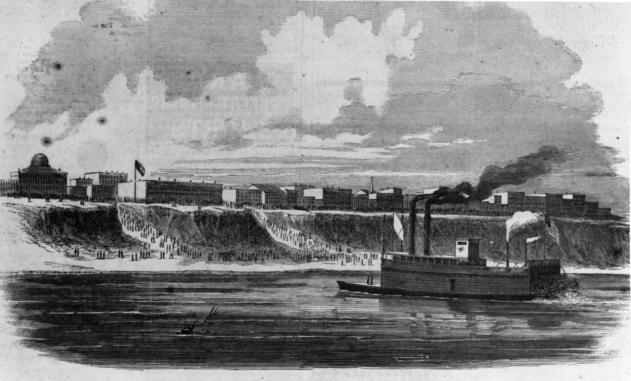 An engraving depicting a ship afloat on the river in front of the city levee.