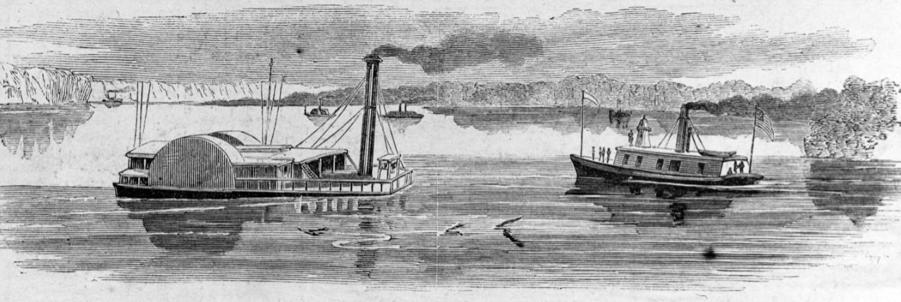 Printed engraving of vessels afloat on a river.