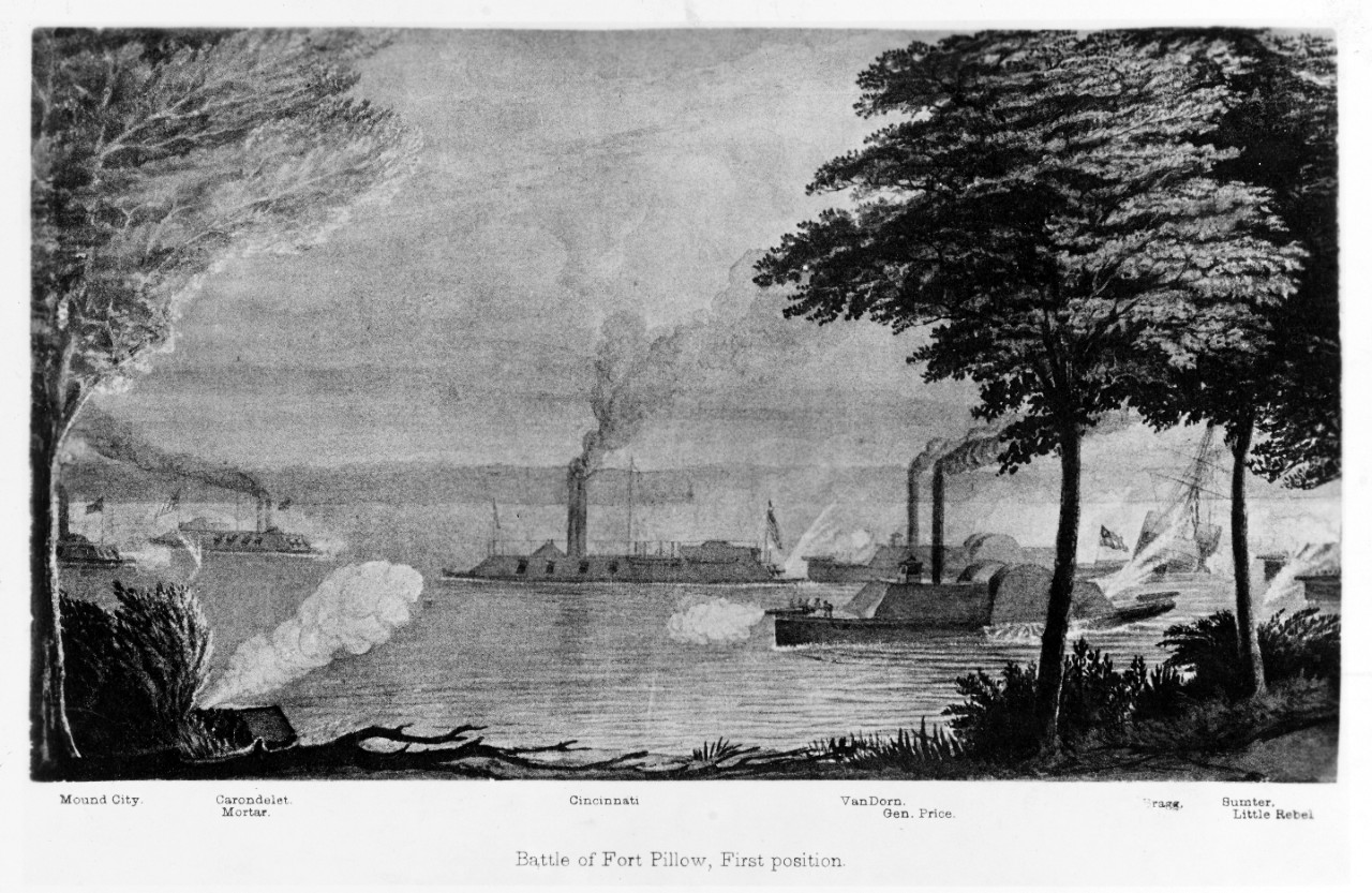 An engraving depicts a river visible through the trees with vessels afloat. A federal mortar boat is visible in the lower left corner