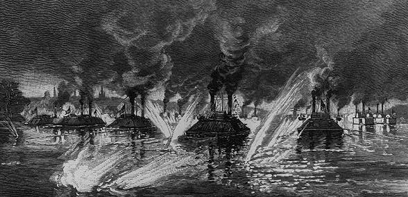 An engraving of ships moving upriver preparing to collide with another fleet of ships visible in the background.