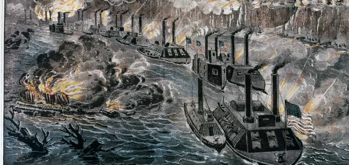 Federal ironclads on river passing an enemy fortification on the right. There is a sinking ship depicted on the left.