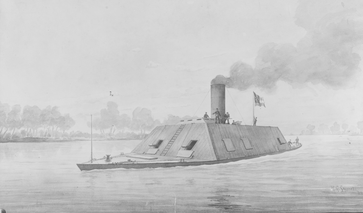 Sepia-wash drawing of an ironclad ship afloat on a river.