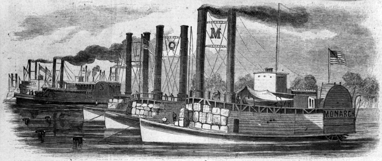 Photo #: NH 59007 Colonel Ellet's Ram Fleet on the Mississippi Line engraving after a sketch by Alexander Simplot, published in Harper's Weekly, 1862. Ships in the foreground are: Monarch (letter M between stacks), Queen of the West (with letter ...