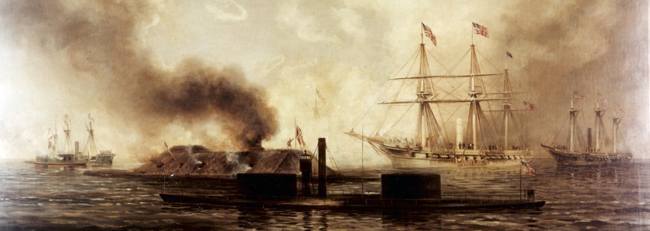 Civil War era ships depicted at sea in this oil on canvas artwork