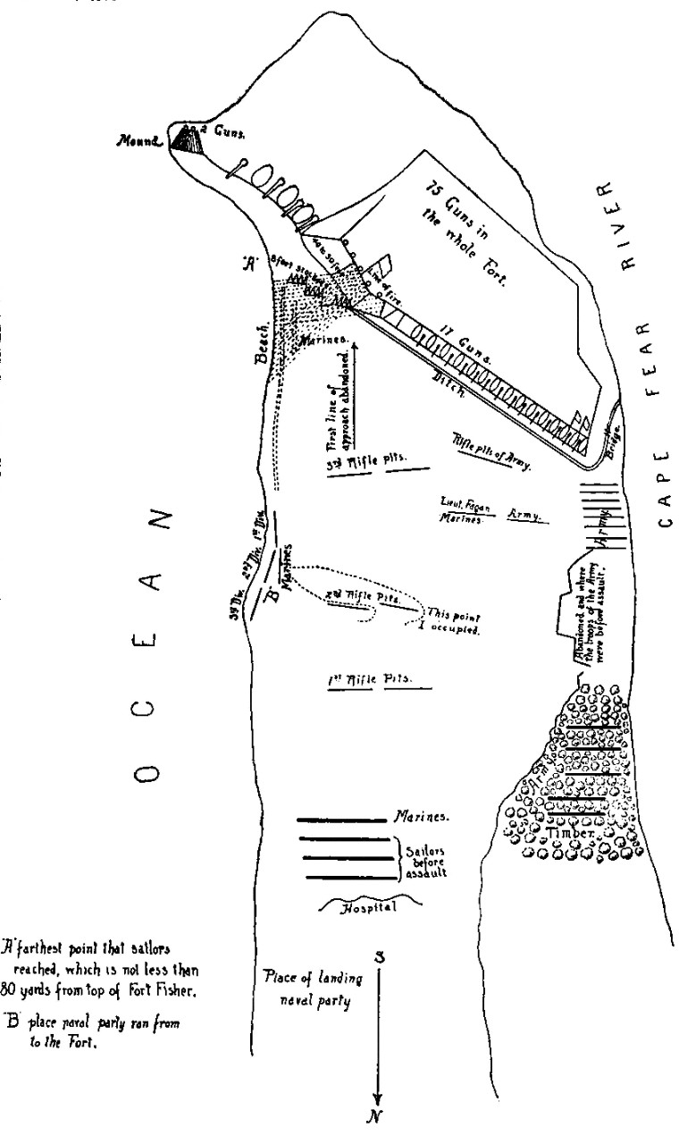 Black and white line map of Cape Fear peninsula showing Fort Fisher and the location of the Federal forces.