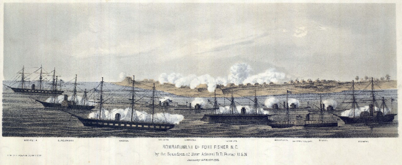 Lithograph of naval bombardment of the fort as seen from the sea with naval vessels visible in the foreground.