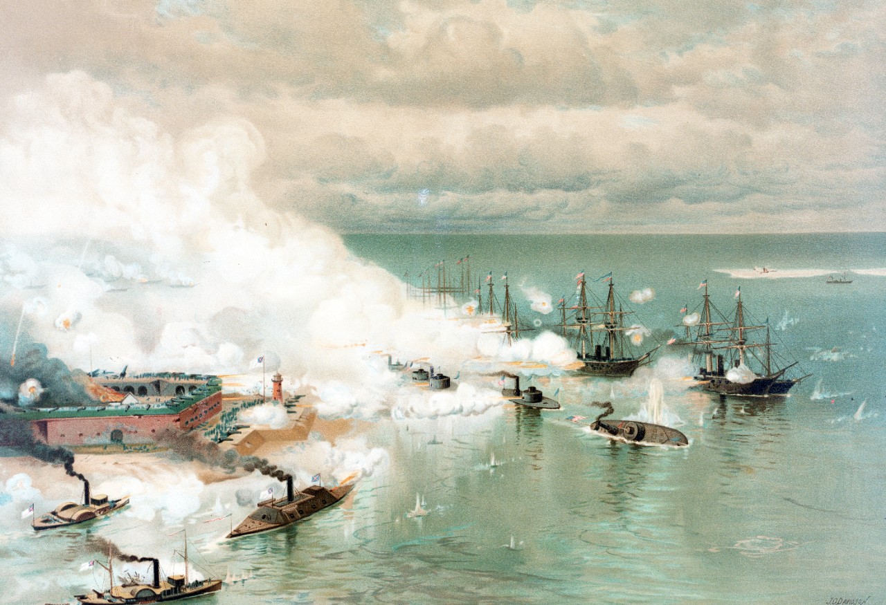Color lithograph of a naval battle with a coastal fort visible in foreground.